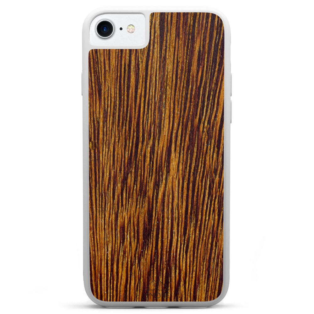 Sucupira wooden phone case held in hand, showcasing its unique grain and finish.