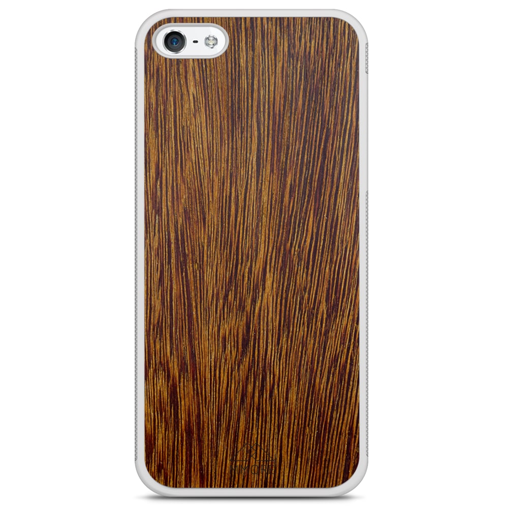 Sucupira wooden phone case held in hand, showcasing its unique grain and finish.