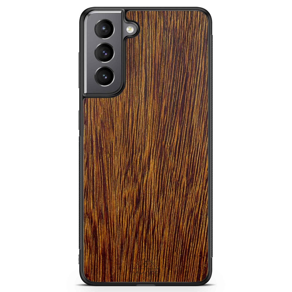 Sucupira wooden phone case held in hand, showcasing its unique grain and finish.