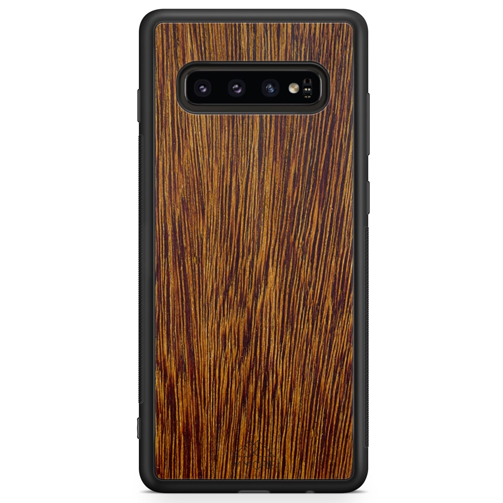 Sucupira wooden phone case held in hand, showcasing its unique grain and finish.