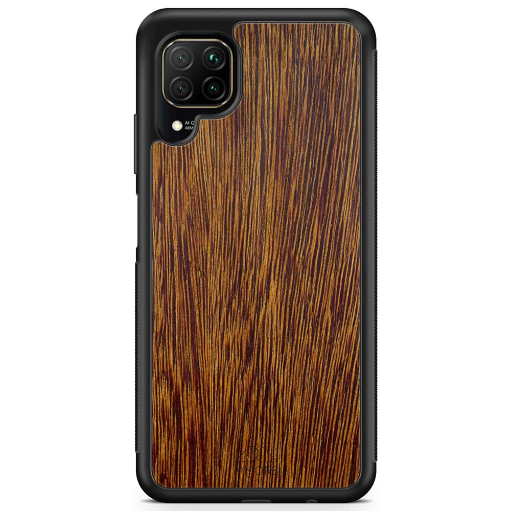 Sucupira wooden phone case held in hand, showcasing its unique grain and finish.