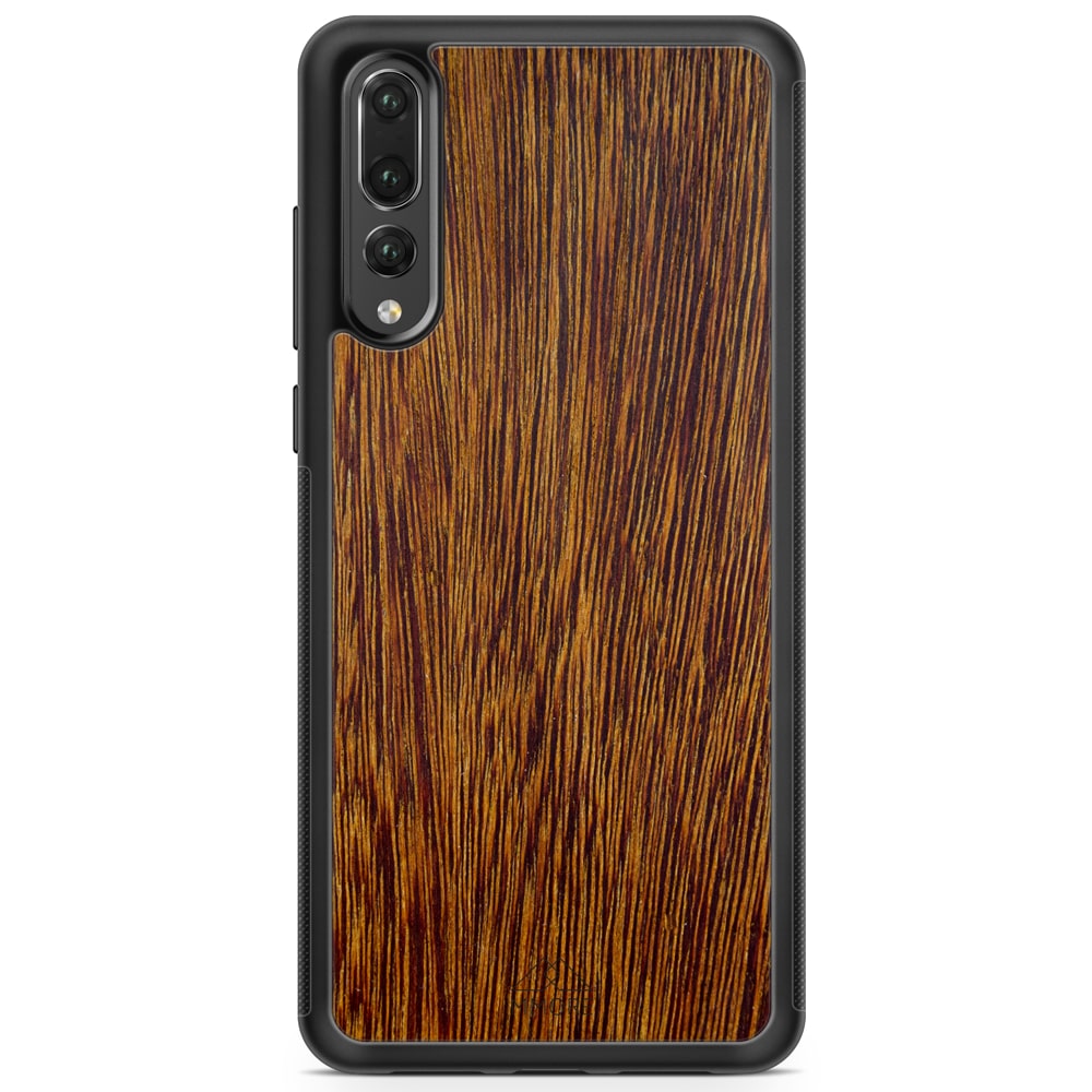 Sucupira wooden phone case held in hand, showcasing its unique grain and finish.