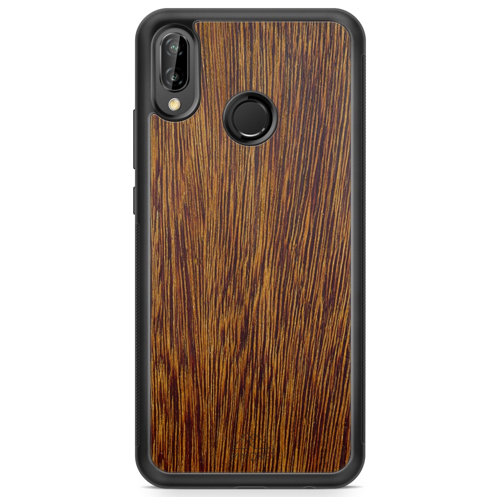 Sucupira wooden phone case held in hand, showcasing its unique grain and finish.