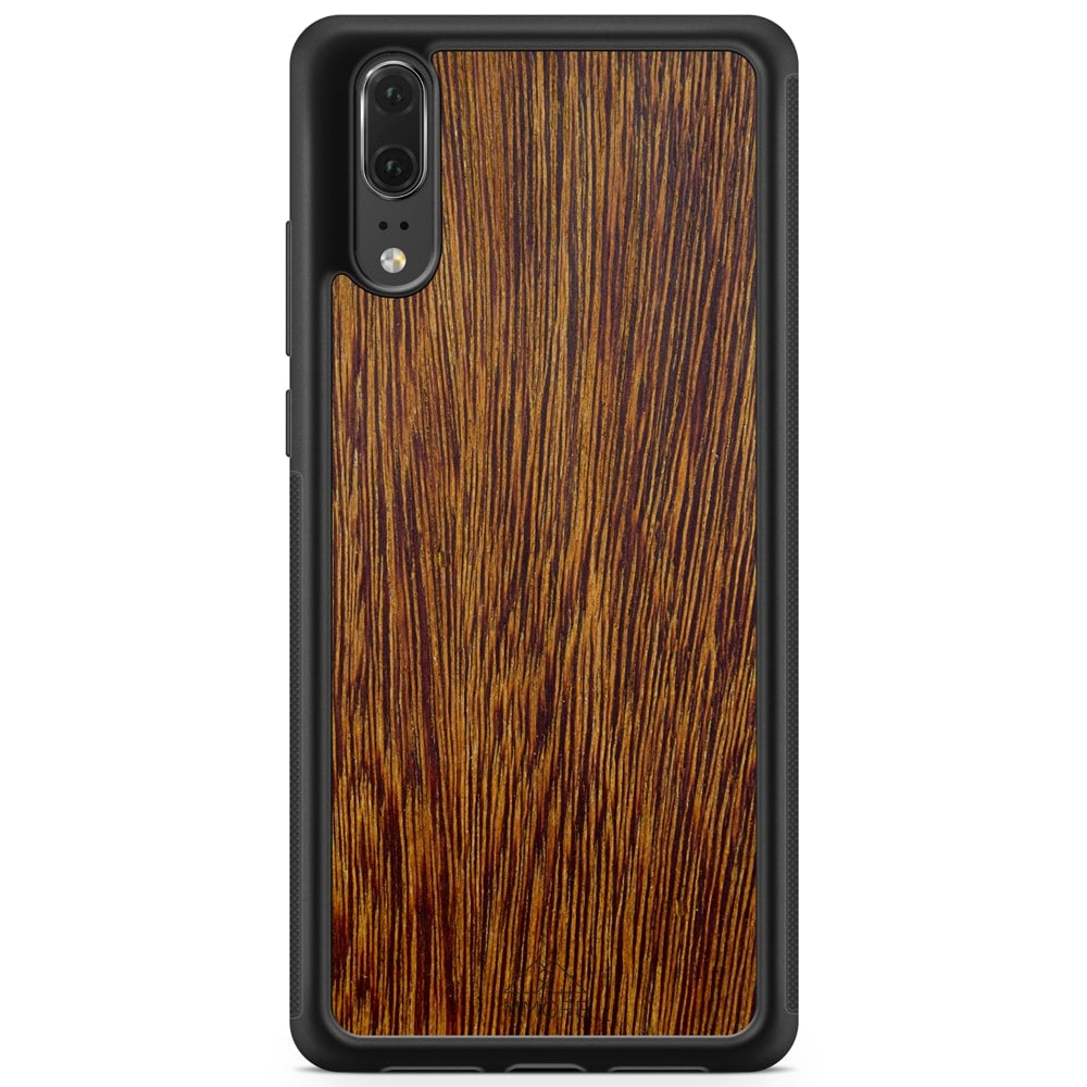 Sucupira wooden phone case held in hand, showcasing its unique grain and finish.