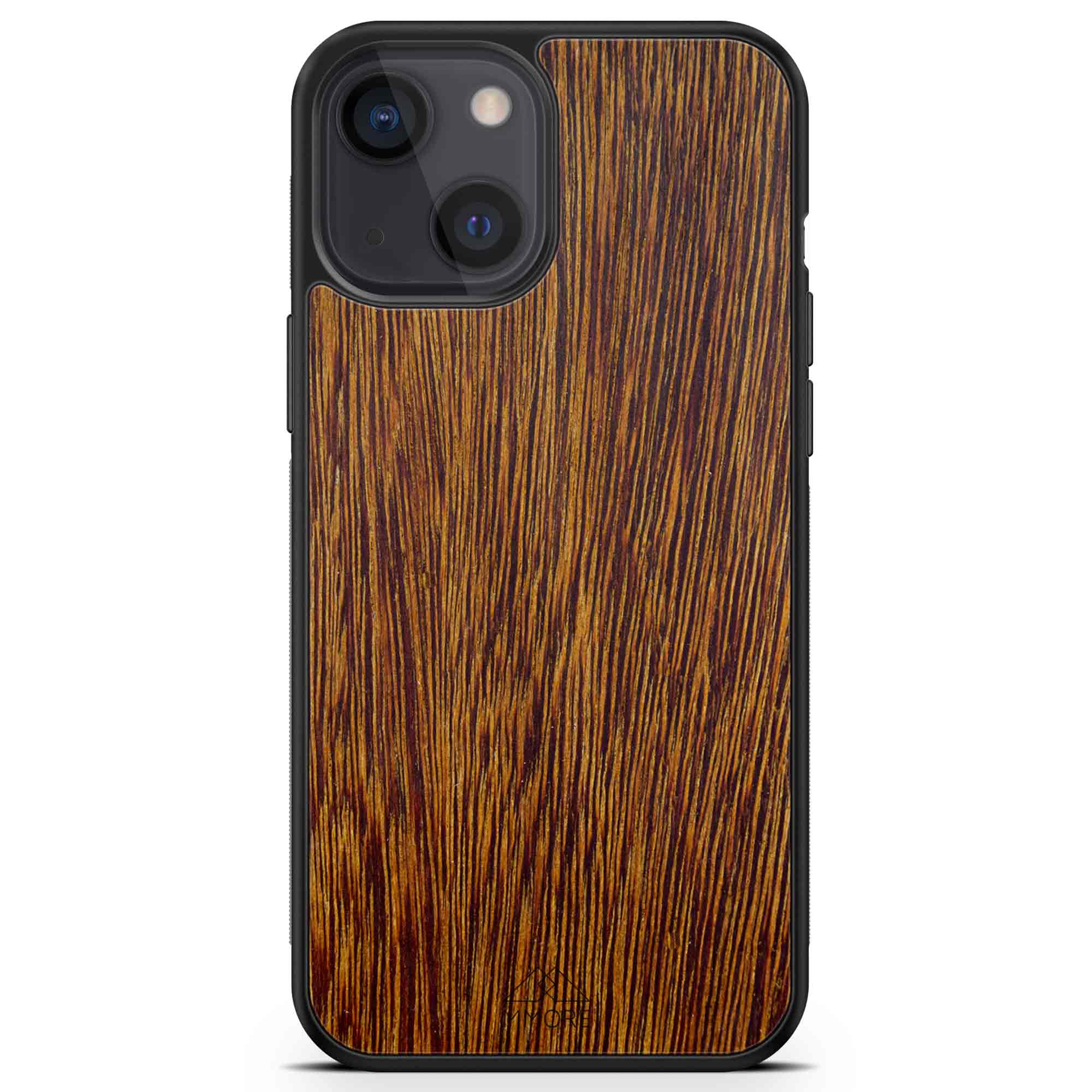 Sucupira wooden phone case held in hand, showcasing its unique grain and finish.