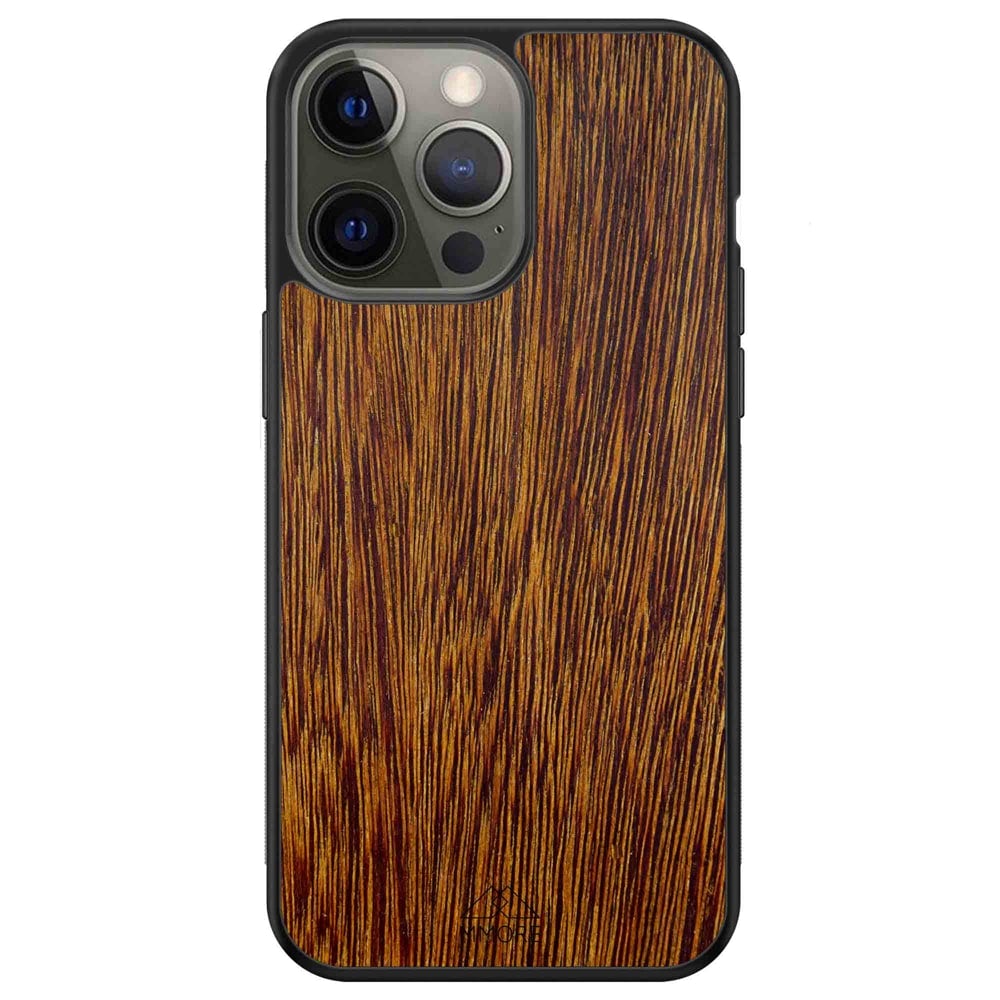 Sucupira wooden phone case held in hand, showcasing its unique grain and finish.