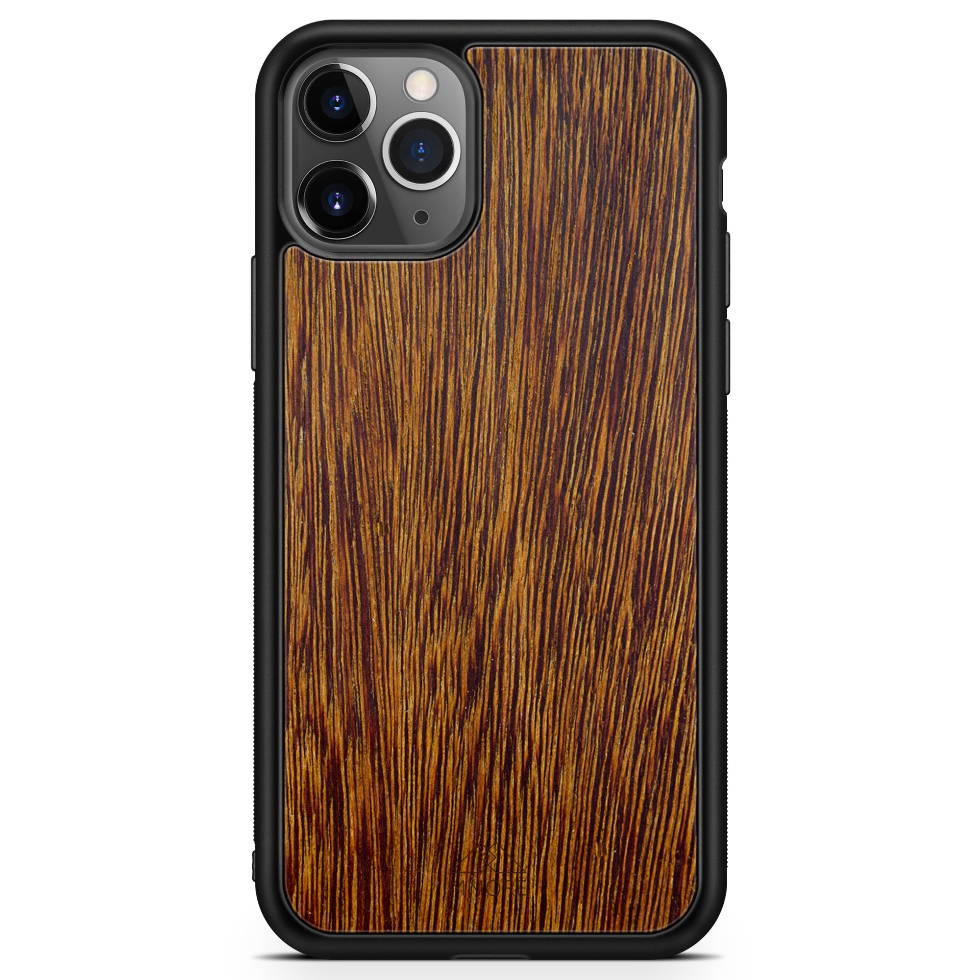 Sucupira wooden phone case held in hand, showcasing its unique grain and finish.