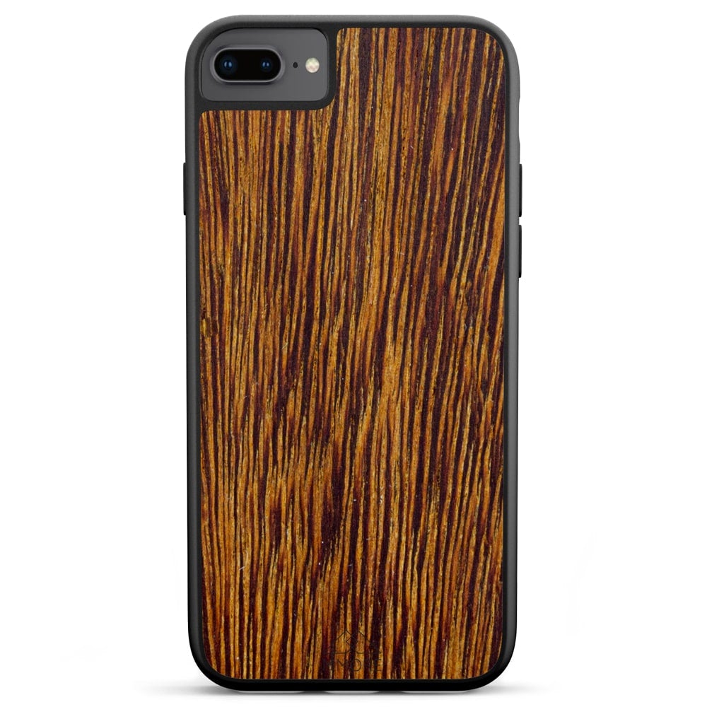 Sucupira wooden phone case held in hand, showcasing its unique grain and finish.