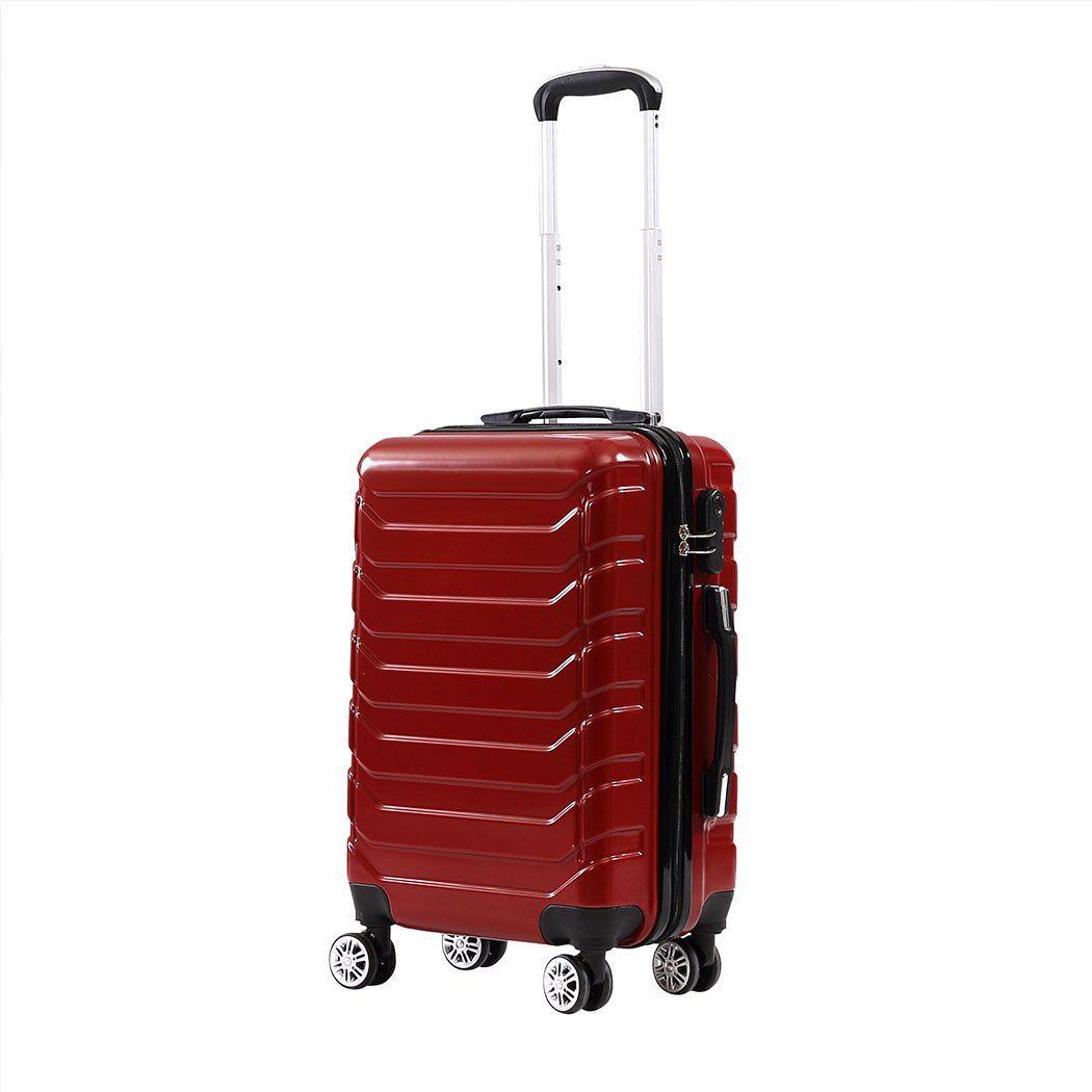 A stylish 3-piece suitcase luggage set in red, featuring hard cover, dual wheels, and TSA-approved locks for secure travel.