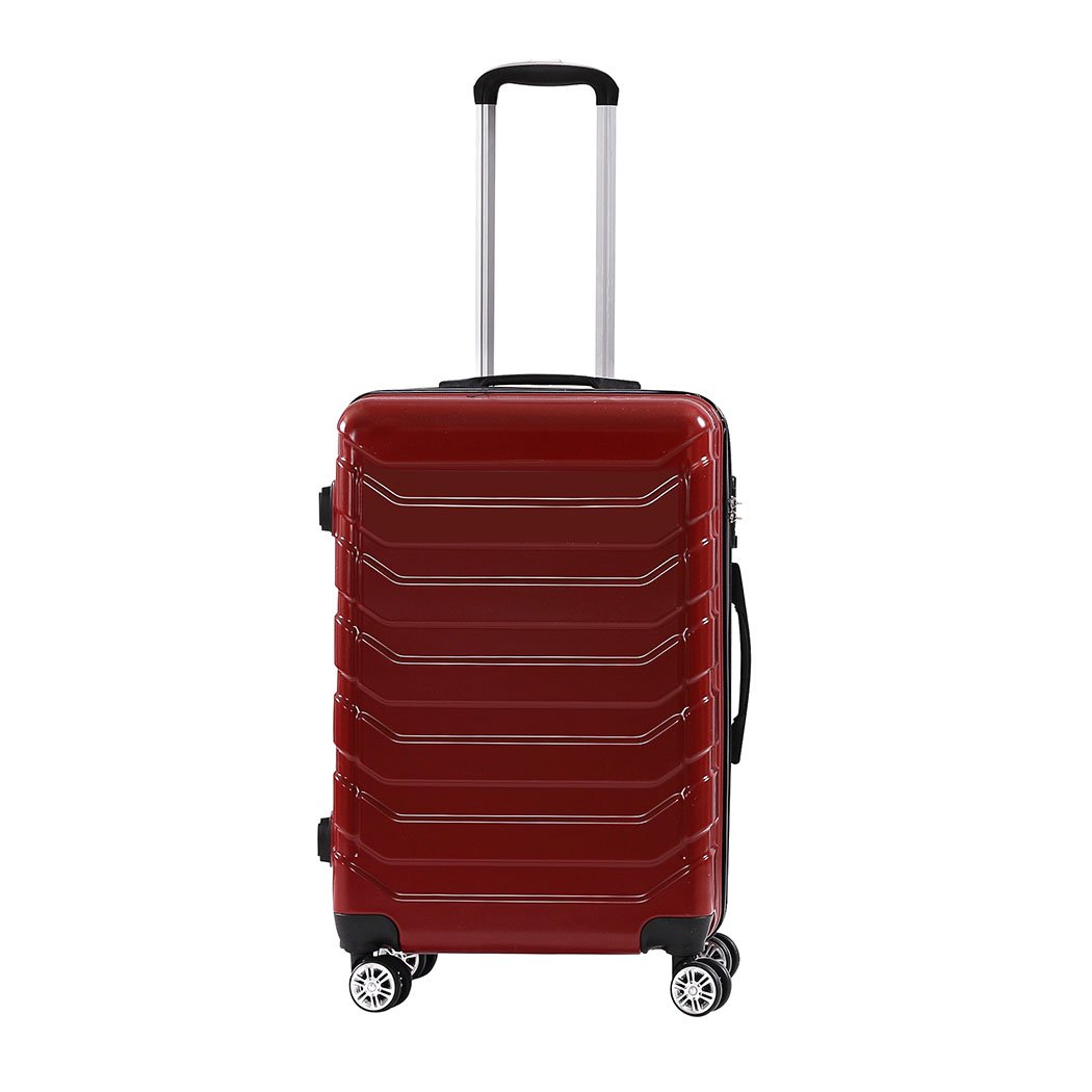 A stylish 3-piece suitcase luggage set in red, featuring hard cover, dual wheels, and TSA-approved locks for secure travel.