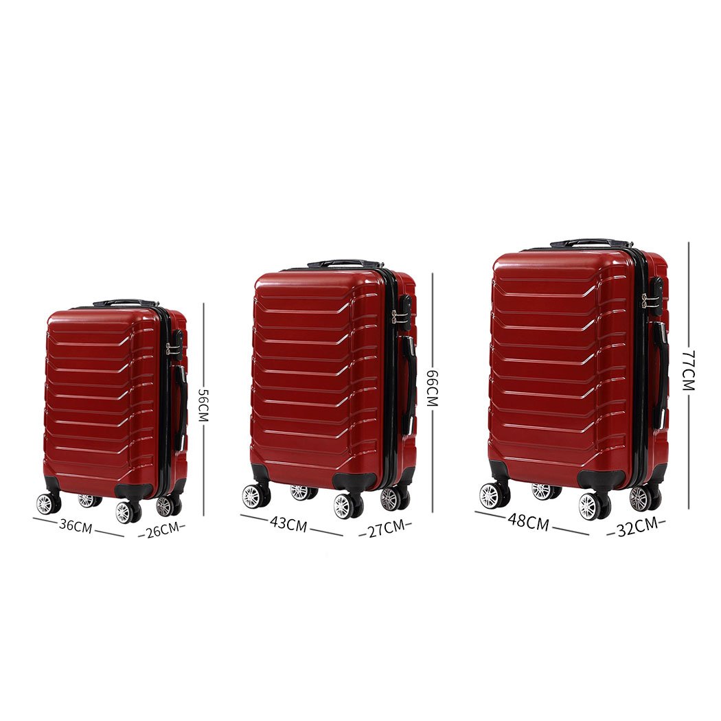 A stylish 3-piece suitcase luggage set in red, featuring hard cover, dual wheels, and TSA-approved locks for secure travel.