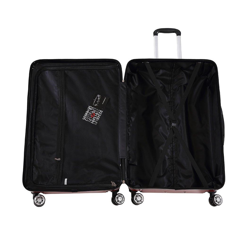 A stylish 3-piece suitcase luggage set in red, featuring hard cover, dual wheels, and TSA-approved locks for secure travel.