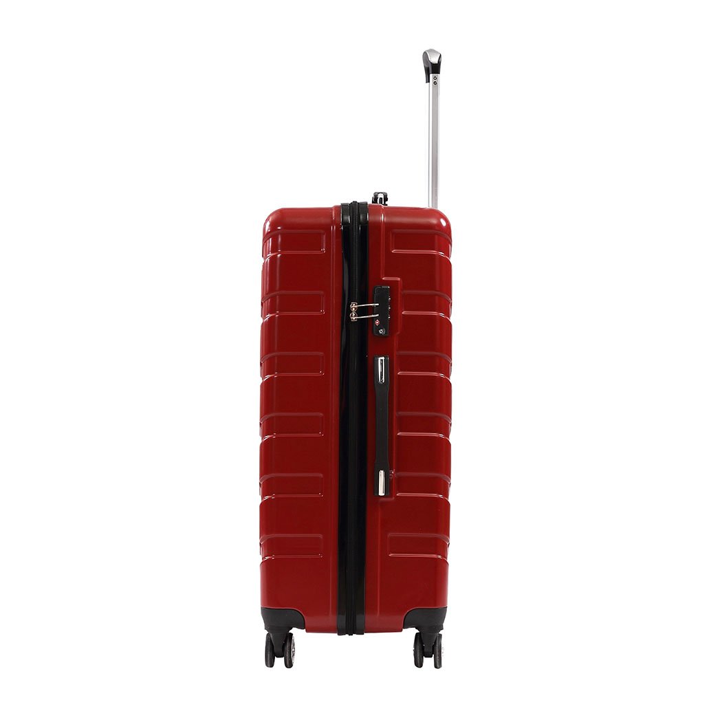 A stylish 3-piece suitcase luggage set in red, featuring hard cover, dual wheels, and TSA-approved locks for secure travel.