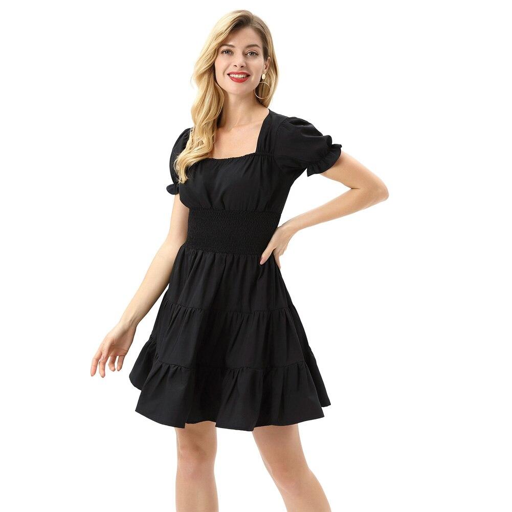 A stylish summer short dress for women featuring a smocked waist, short puff sleeves, and a square neckline in a solid color.