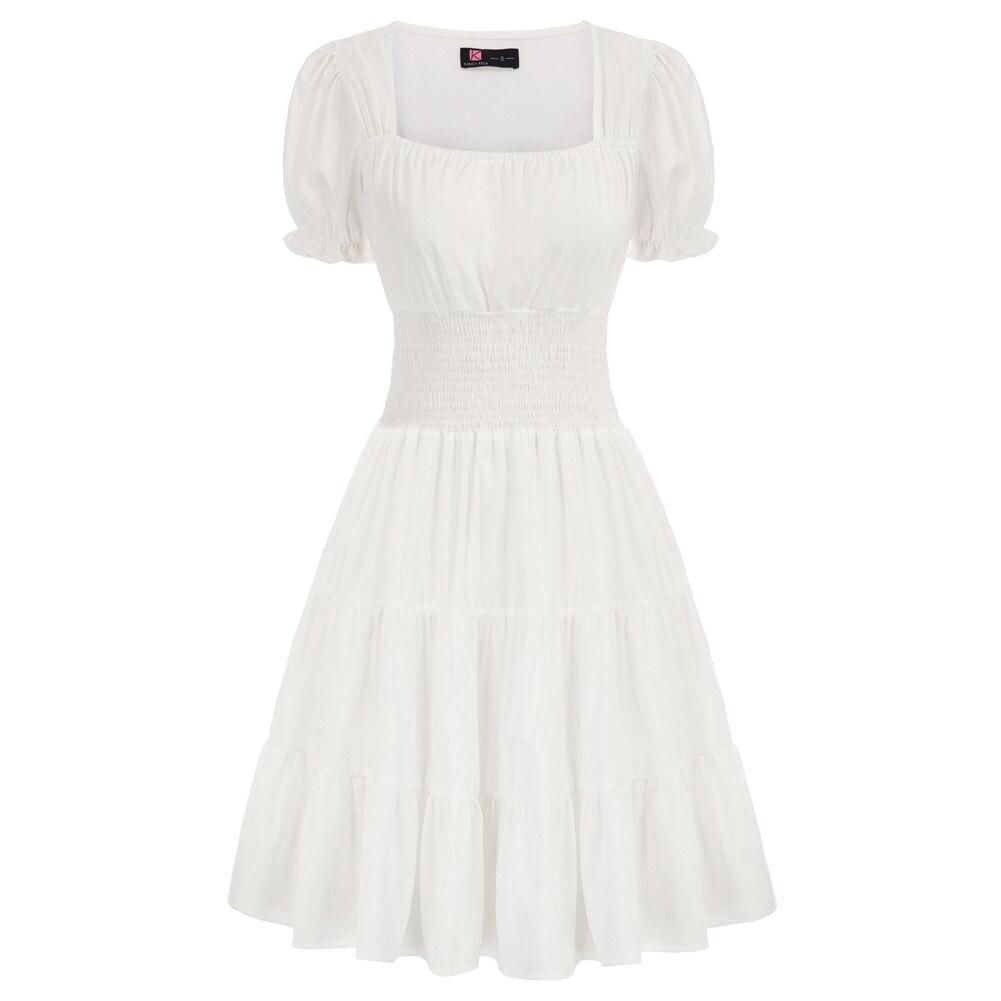 A stylish summer short dress for women featuring a smocked waist, short puff sleeves, and a square neckline in a solid color.