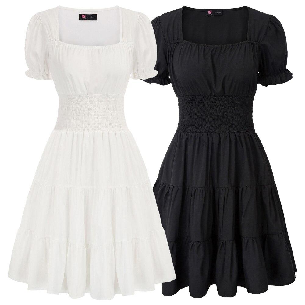 A stylish summer short dress for women featuring a smocked waist, short puff sleeves, and a square neckline in a solid color.