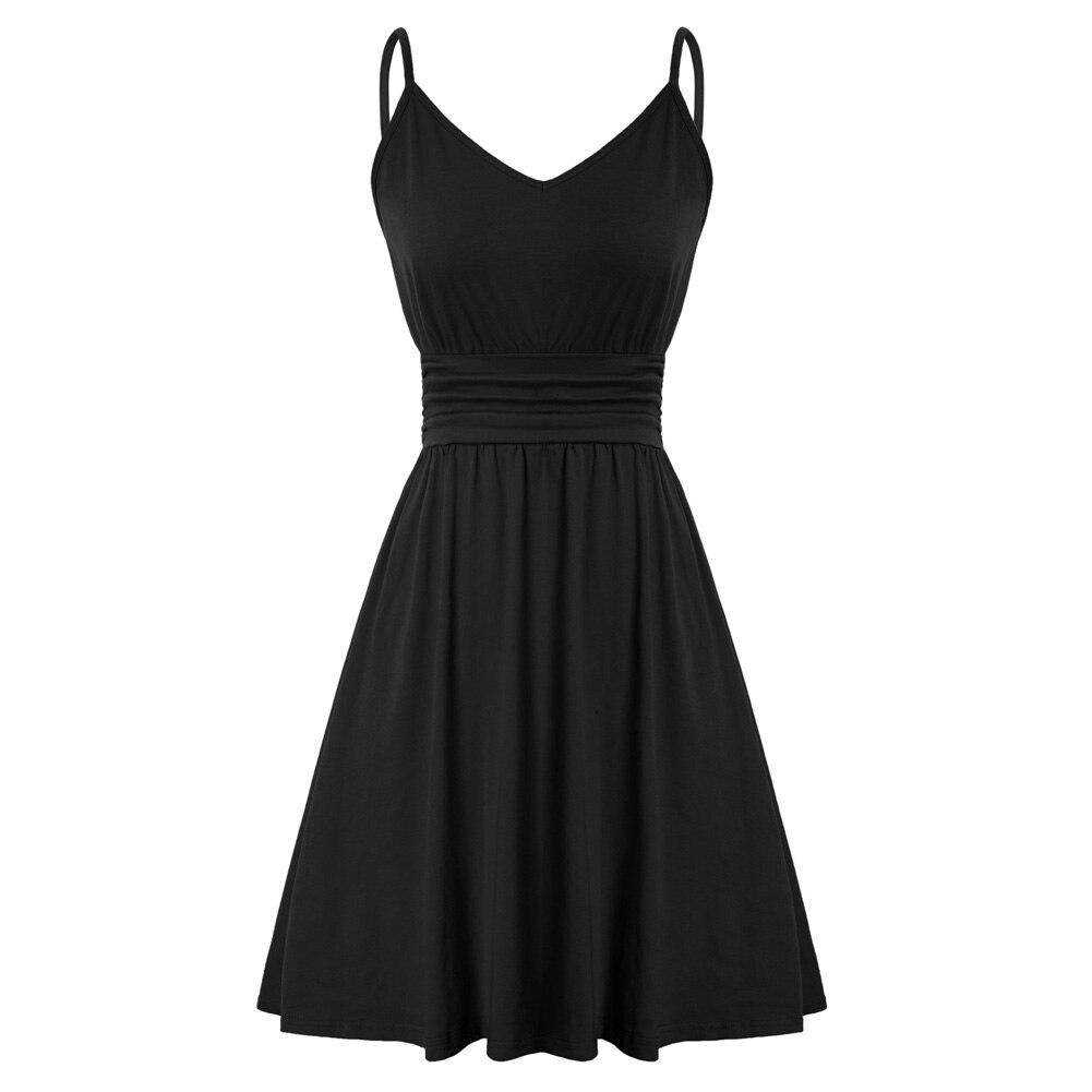 A stylish summer dress featuring spaghetti straps and a V-Neck, designed in an A-Line silhouette with a pleated waist.