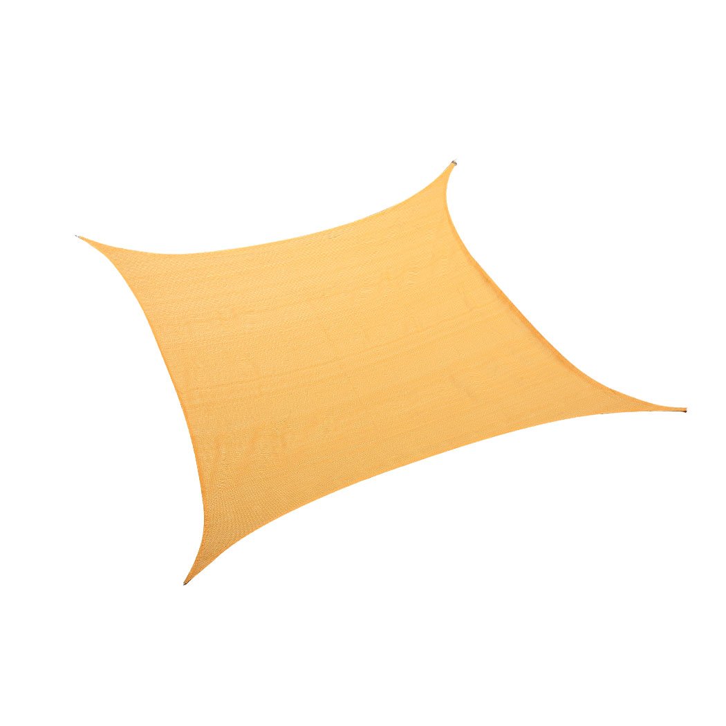 A square Sun Shade Sail in beige color, providing shade in an outdoor setting, showcasing its durable fabric and corner rings for easy installation.