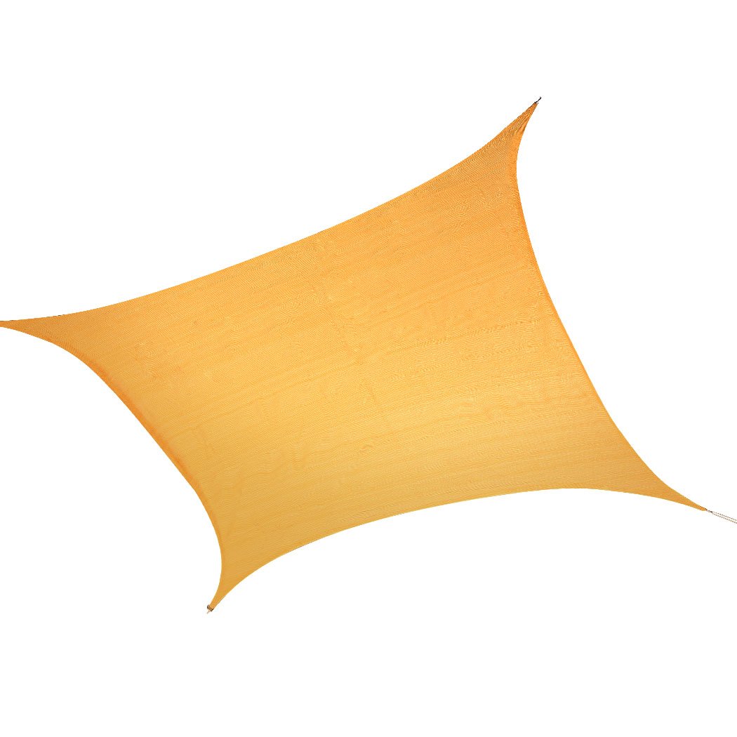 A square Sun Shade Sail in beige color, providing shade in an outdoor setting, showcasing its durable fabric and corner rings for easy installation.