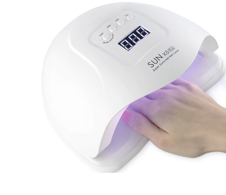 SUNX5 MAX 120W UV LED Nail Lamp in white and pink, featuring a smart LCD display and 36 LEDs for efficient nail drying.