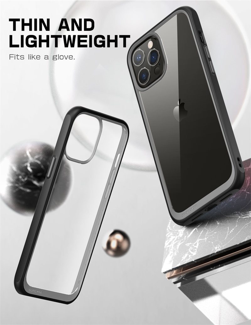 SUPCASE UB Style case for iPhone 13 Pro Max, showcasing a slim clear design with a colorful TPU bumper in black, clear, and azure options.