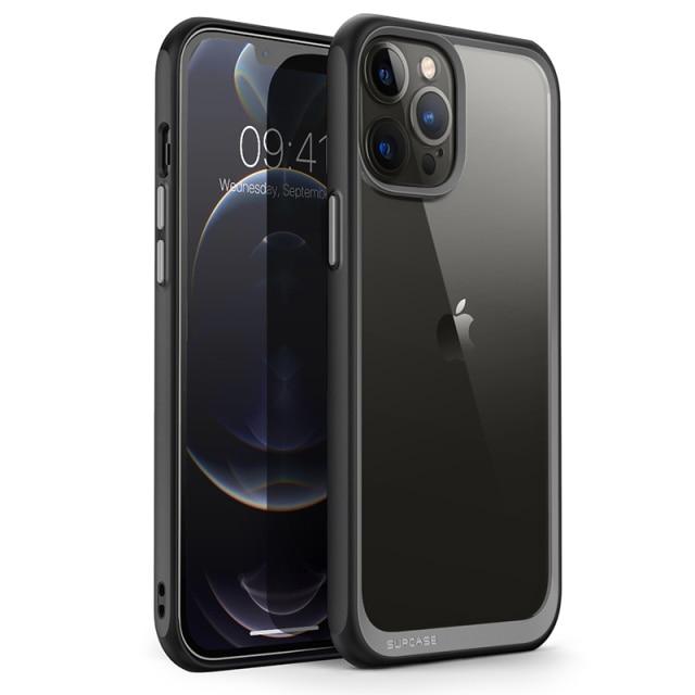 SUPCASE UB Style case for iPhone 13 Pro Max, showcasing a slim clear design with a colorful TPU bumper in black, clear, and azure options.