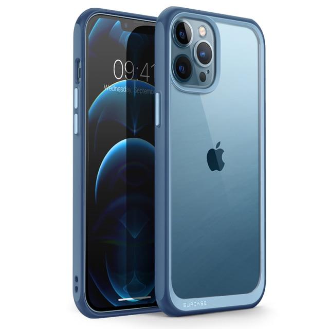 SUPCASE UB Style case for iPhone 13 Pro Max, showcasing a slim clear design with a colorful TPU bumper in black, clear, and azure options.