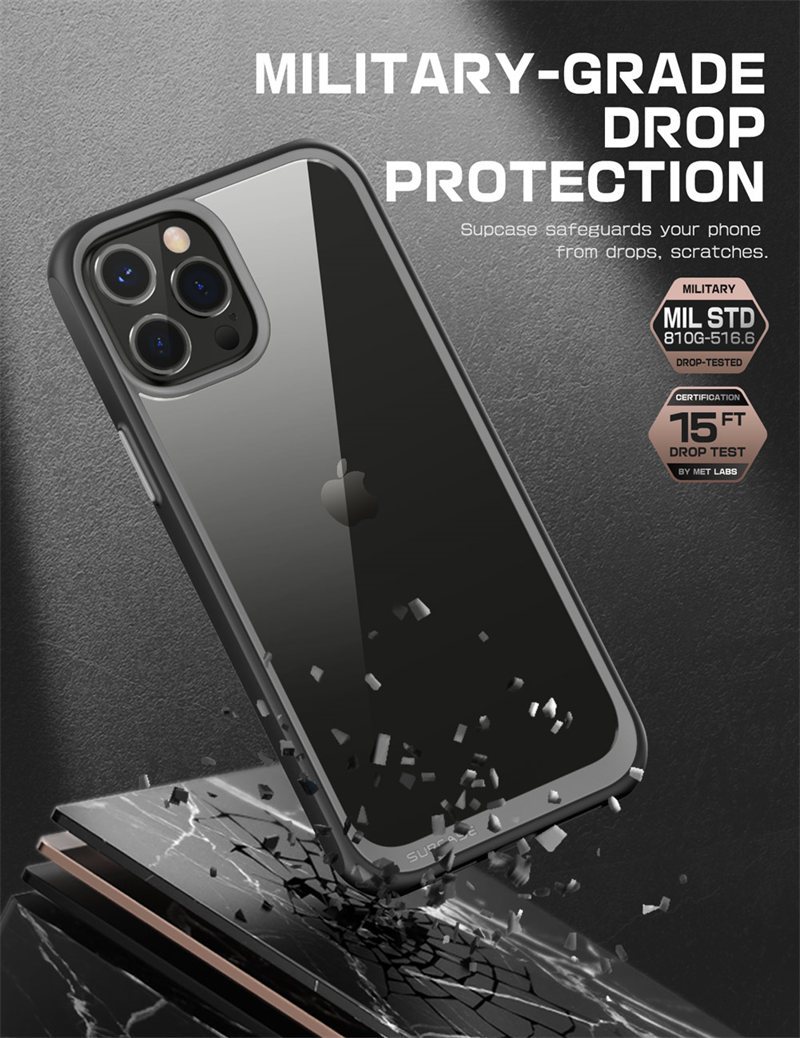 SUPCASE UB Style case for iPhone 13 Pro Max, showcasing a slim clear design with a colorful TPU bumper in black, clear, and azure options.