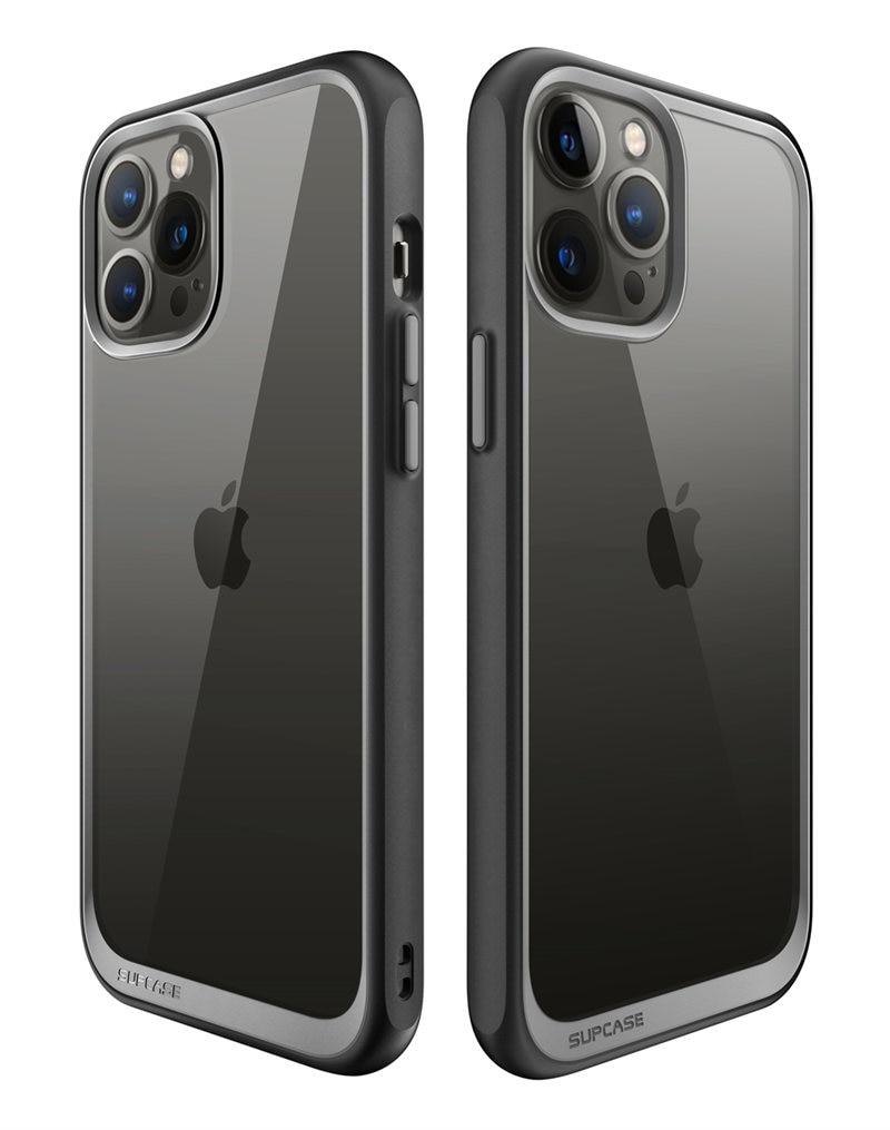 SUPCASE UB Style case for iPhone 13 Pro Max, showcasing a slim clear design with a colorful TPU bumper in black, clear, and azure options.