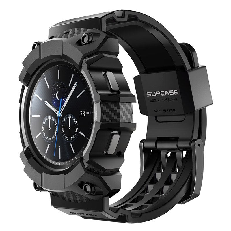 SUPCASE rugged case for Samsung Galaxy Watch 4 Classic 42mm in black, showcasing its durable design and perfect fit.