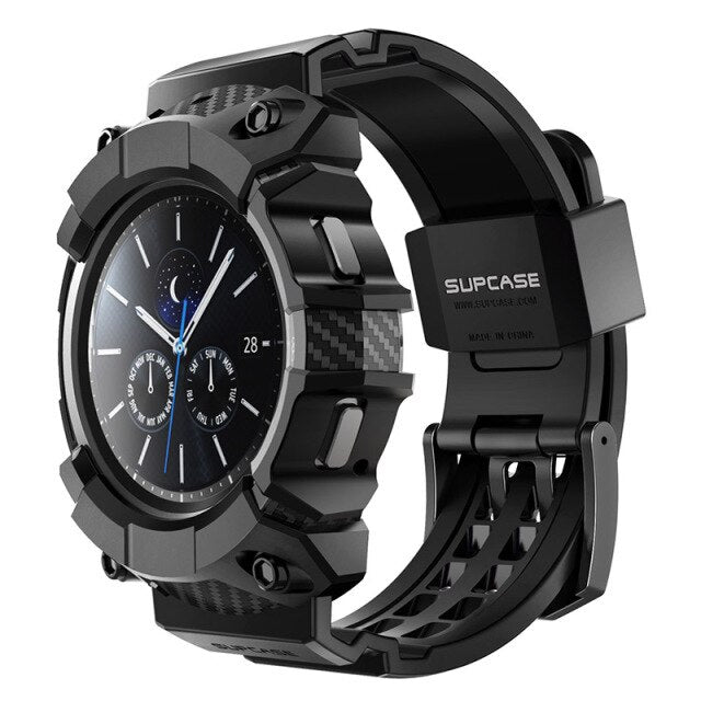 SUPCASE rugged case for Samsung Galaxy Watch 4 Classic 42mm in black, showcasing its durable design and perfect fit.