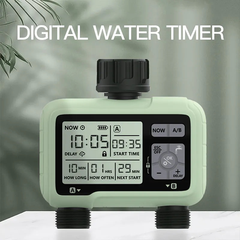 Super Timing System 2-Outlet Water Timer designed for precise outdoor irrigation with adjustable programs.