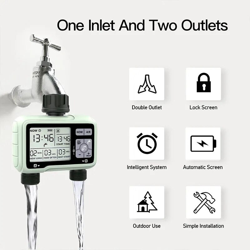 Super Timing System 2-Outlet Water Timer designed for precise outdoor irrigation with adjustable programs.