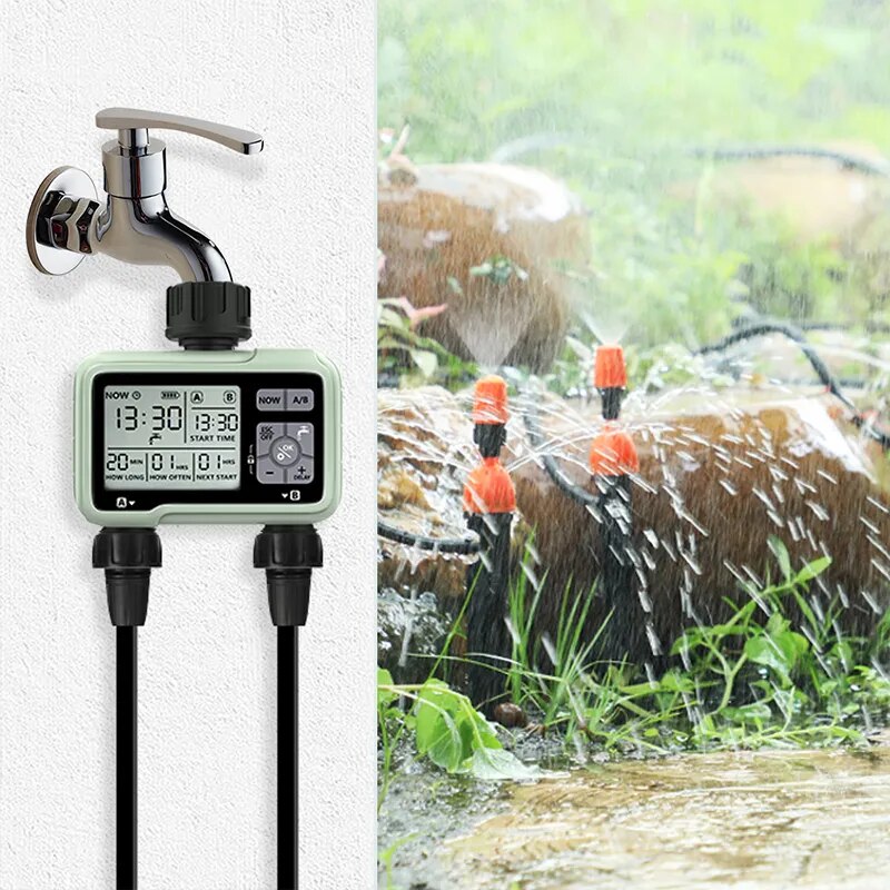 Super Timing System 2-Outlet Water Timer designed for precise outdoor irrigation with adjustable programs.