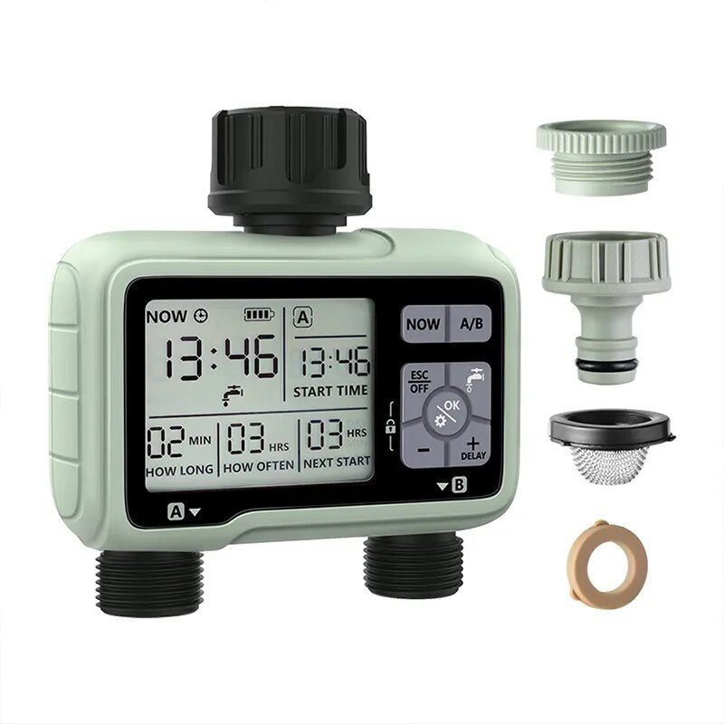 Super Timing System 2-Outlet Water Timer designed for precise outdoor irrigation with adjustable programs.