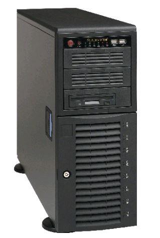 SUPERMICRO 4U Server Chassis showcasing E-ATX support, 8 hotswap HDD bays, and front panel features.