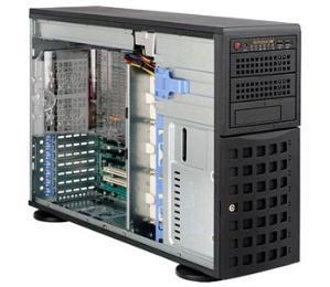 SUPERMICRO 4U Tower Server Chassis with 8 hotswap HDD bays and 920W power supply, showcasing its robust design and connectivity options.