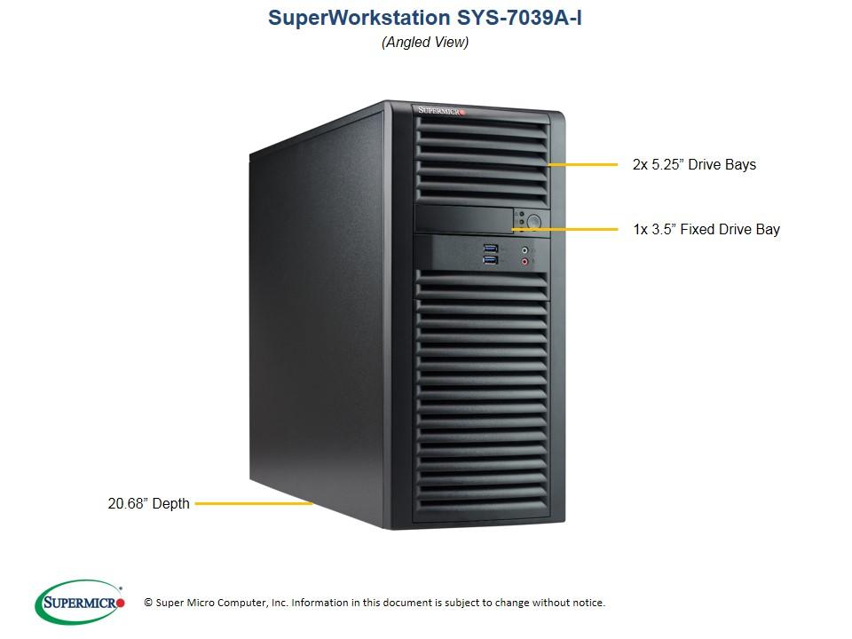 SUPERMICRO SuperWorkstation 7039A-I in black, showcasing its dual socket LGA3647 design and robust tower structure.