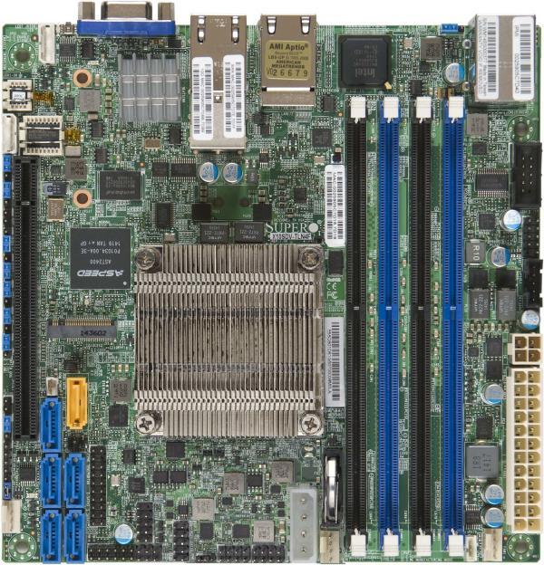 SUPERMICRO X10SDV-16C-TLN4F Motherboard featuring Intel Xeon D-1587 processor, showcasing its compact Mini-ITX design and multiple connectivity ports.