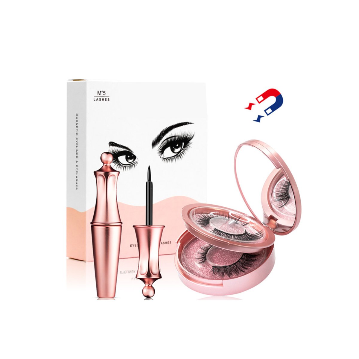 Sweet Eyes Magnetic Eyeliner and Eyelashes Kit featuring two pairs of reusable eyelashes, magnetic eyeliner, and a tweezer for easy application.