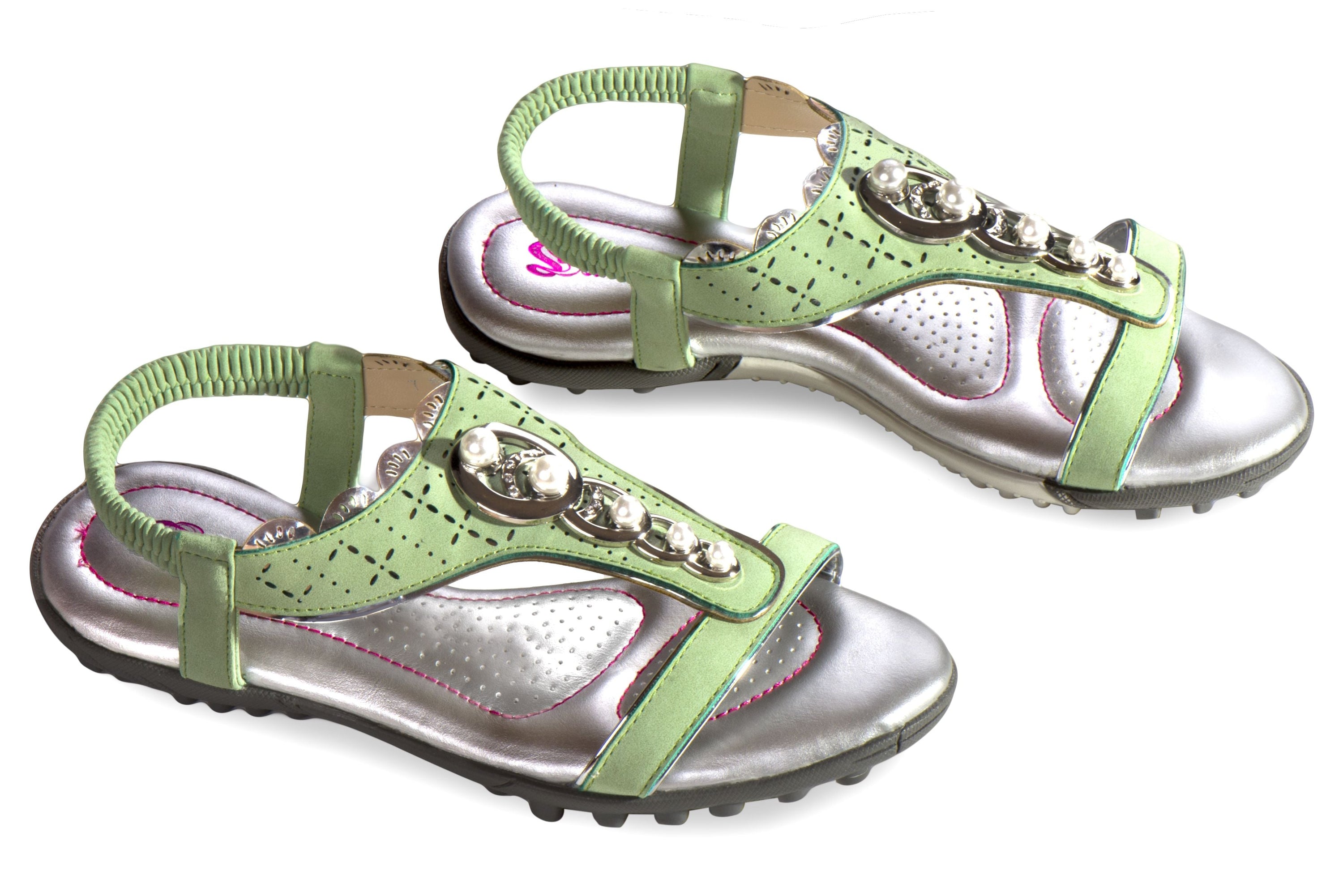 A pair of stylish Sweet Sandals featuring a slip-on design with pink stitching and faux jewel embellishments, perfect for golf or walking.