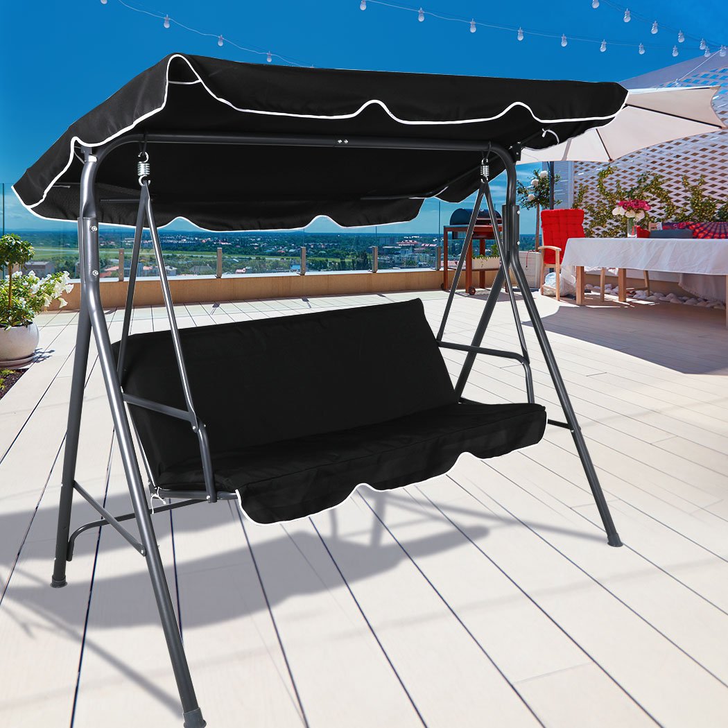 A stylish 3-seater swing chair hammock with a removable canopy, designed for outdoor comfort and relaxation.