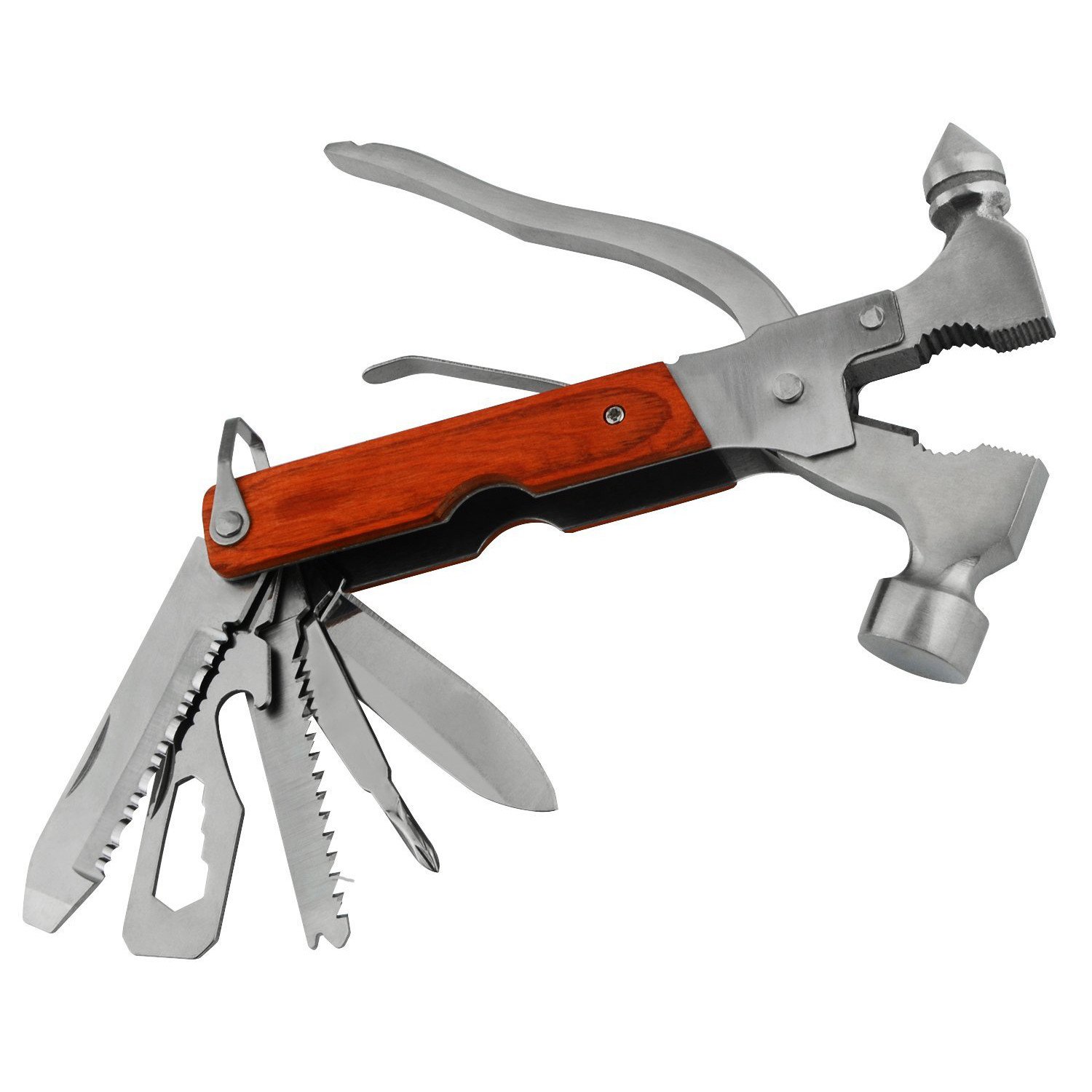 Swiss Army Style Emergency Tool featuring a compact design with multiple functions including a hammer, pliers, and knives, made from stainless steel and oak wood.