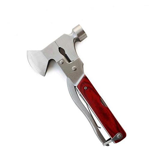 Swiss Army Style Emergency Tool featuring a compact design with multiple functions including a hammer, pliers, and knives, made from stainless steel and oak wood.