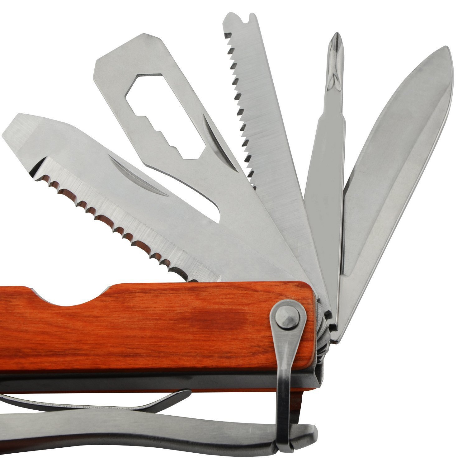 Swiss Army Style Emergency Tool featuring a compact design with multiple functions including a hammer, pliers, and knives, made from stainless steel and oak wood.