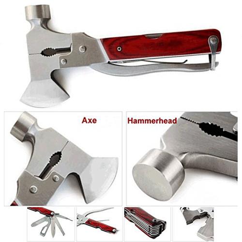 Swiss Army Style Emergency Tool featuring a compact design with multiple functions including a hammer, pliers, and knives, made from stainless steel and oak wood.