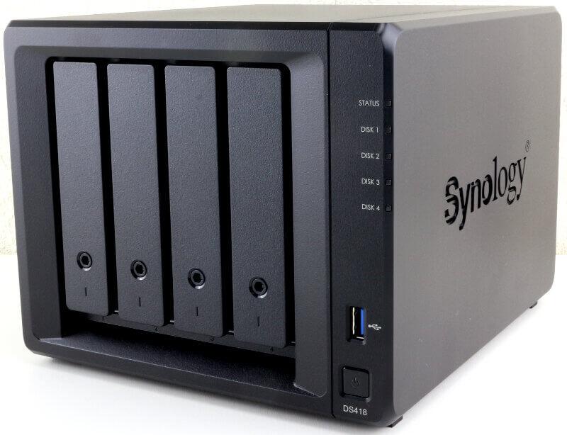 SYNOLOGY DiskStation DS418 4-Bay NAS with dual Ethernet ports and sleek design, ideal for data management and multimedia transcoding.