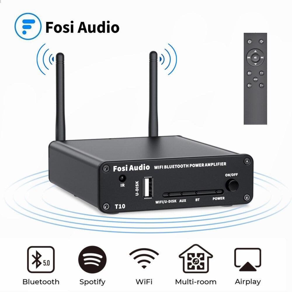 T10 Stereo Sound Amp 100W Powerful Audio Wifi Amplifier with Bluetooth and remote control features, showcasing its sleek design and connectivity options.