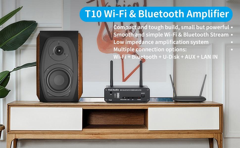 T10 Stereo Sound Amp 100W Powerful Audio Wifi Amplifier with Bluetooth and remote control features, showcasing its sleek design and connectivity options.