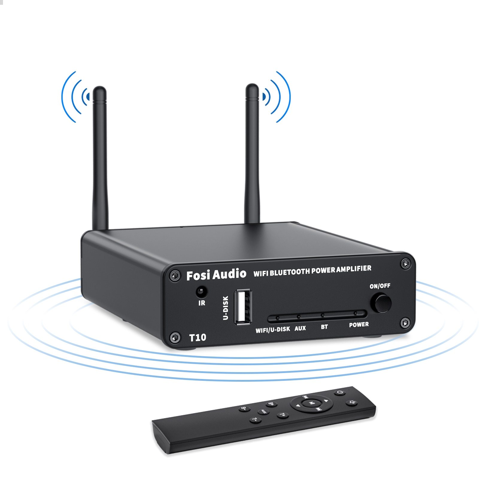 T10 Stereo Sound Amp 100W Powerful Audio Wifi Amplifier with Bluetooth and remote control features, showcasing its sleek design and connectivity options.